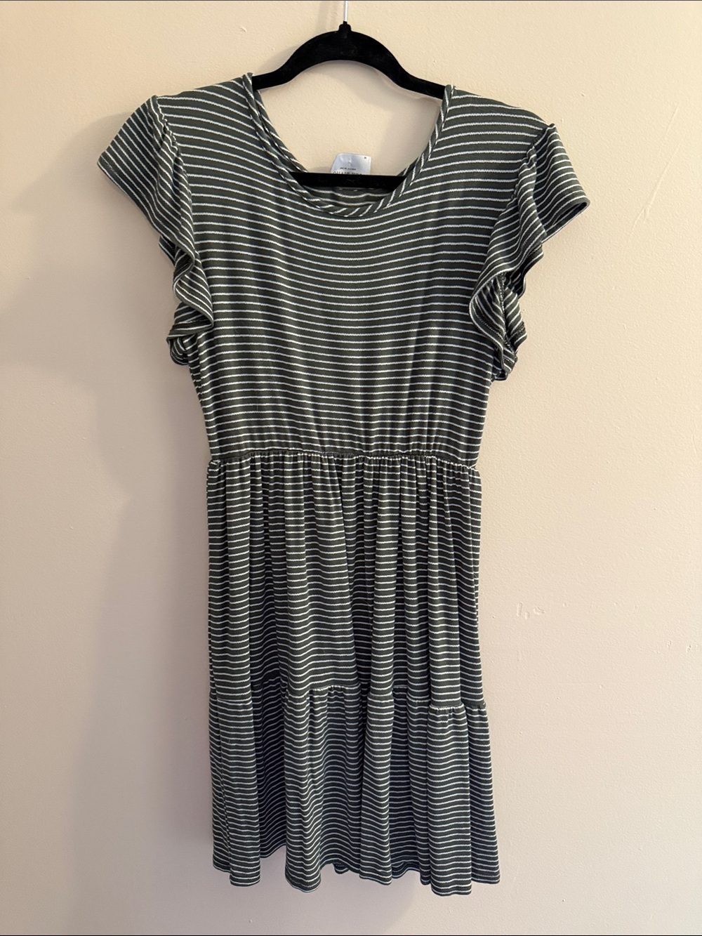 Olivia Rae Olive Green and White Striped Flutter Sleeve Mini Dress